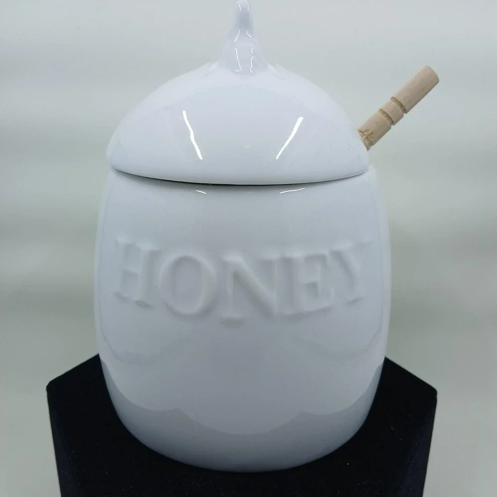 Fitz and Floyd Everyday White Honey Pot with Dipper Porcelain Bee Lid Embossed